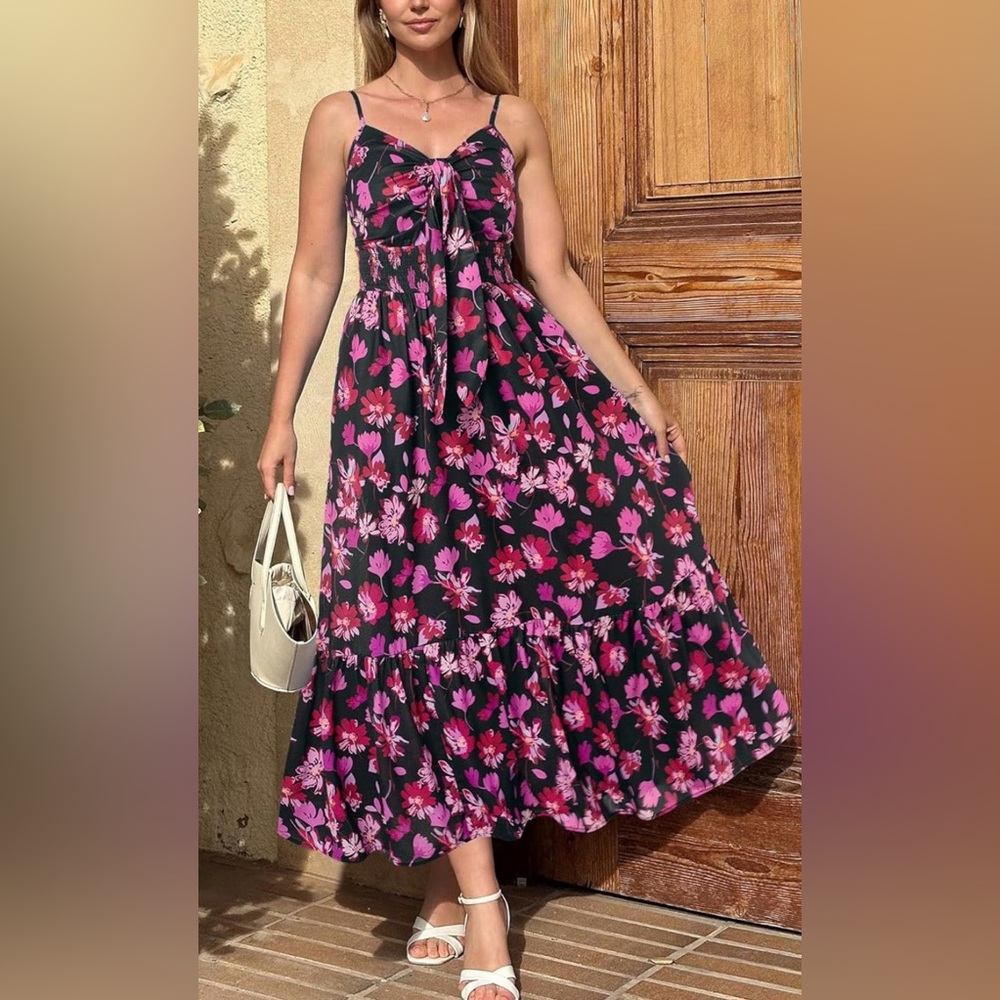 Grace Karin Black and Pink Floral Toe Front Spaghetti Strap Maxi Dress NWT